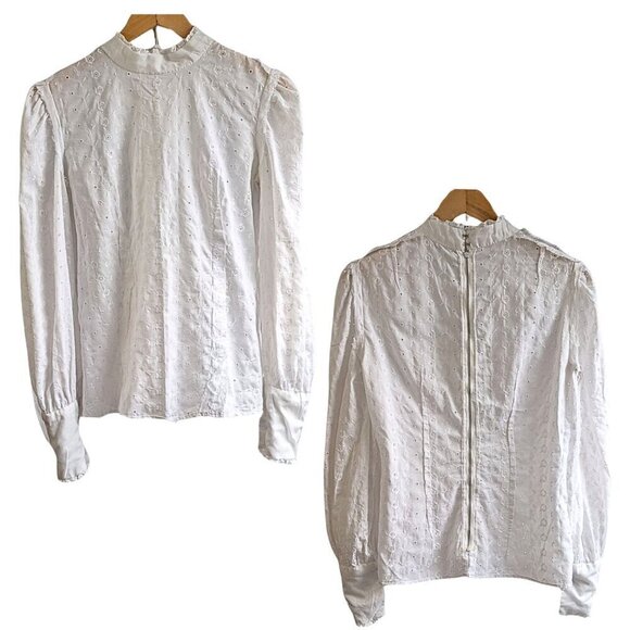 Handmade Vtg 70s Cottage Victorian Eyelet Broderie Anglaise Zip Blouse Size S/M - Picture 7 of 10